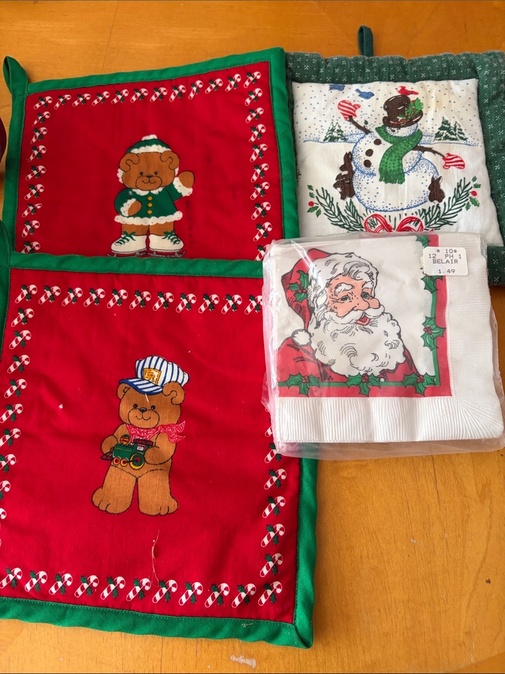 Festive Red & Green Holiday Quilted Kitchen Set - Teddy & Snowman Motifs
